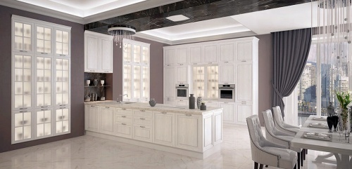 Интерьер белой кухни из массива в современном стиле
